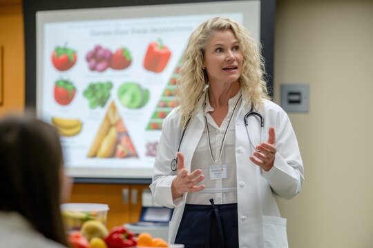 Nutritionist woman Presenting Healthy Eating Seminar. Smiling female nutritionist giving a presentation on healthy eating, with colorful nutrition charts in background. World Health concept.
