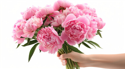 Elegant Hand Holding Pink Peony Bouquet on White Background - Perfect for Mother's Day, Weddings, and Spring Celebrations