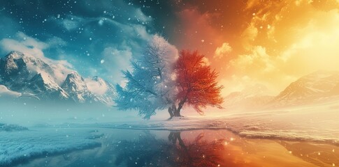 Seasonal spectacle: Surreal landscape showcases visually captivating contrast between summer and winter scenes.