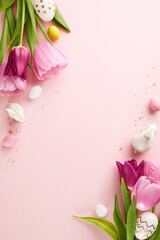 Easter's whisper: a vertical, top down view of a tender celebration with pink tulips and patterned eggs on a blush backdrop, ideal for greeting card design or spring promotional materials