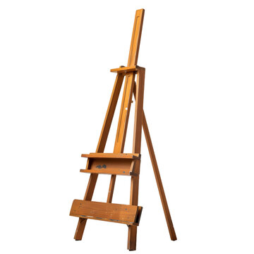 Classic wooden easel with a blank white canvas, standing upright, isolated on a white or transparent background 