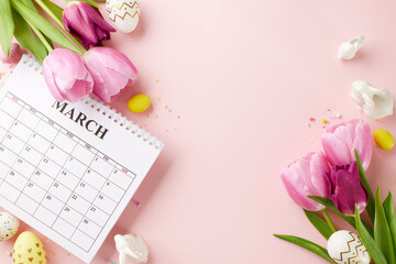 Easter countdown: A March calendar surrounded by fresh tulips and festive eggs, a top-down...