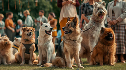 dog show contest, various breeds of dogs being presented, detailed fur textures, proud expressions of dogs and owners, judges examining with attention