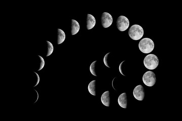 All phases of Moon: Waning Crescent, Third Quarter, Waning Gibbous, Full Moon, Waxing Gibbous, First Quarter and Waxing Crescent on one big mosaic against black background