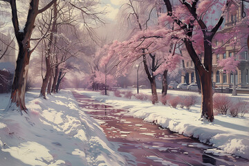 winter landscape with trees and snow, spring in the park, blossoming trees in the snow, beautiful park, spring in the park, spring outside, snow in spring, joy of spring