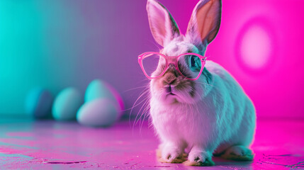 funny Easter bunny in pink glasses among shining Easter eggs under bright neon light