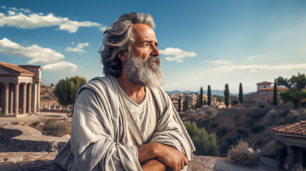 Greek philosopher sitting with his back to the Athenian Areopagus Generative AI Illustration - obrazy, fototapety, plakaty