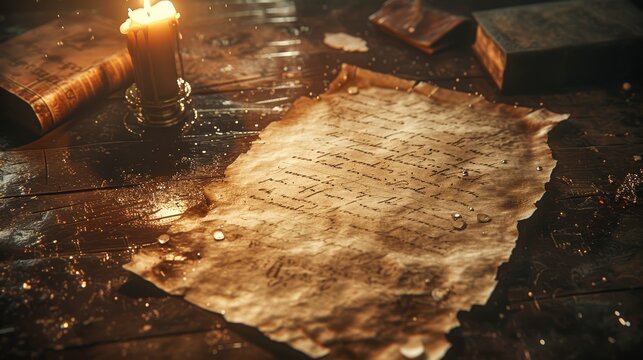 Old handwritten manuscript parchment ancient biblical prophets scroll and a lit candle Generative AI Illustration