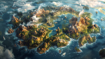 Utopia of an aerial 3D landscape view of paradisiacal islands in the middle of a blue ocean Generative AI Illustration