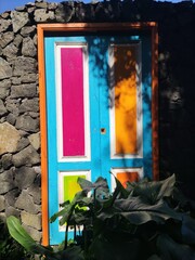 colorful door with flowers on the wall