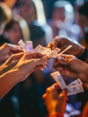 exchanging raffle tickets at a charity event, focus on the intricate texture of the tickets, diverse hands showing unity, a background of a cheerful, engaged crowd