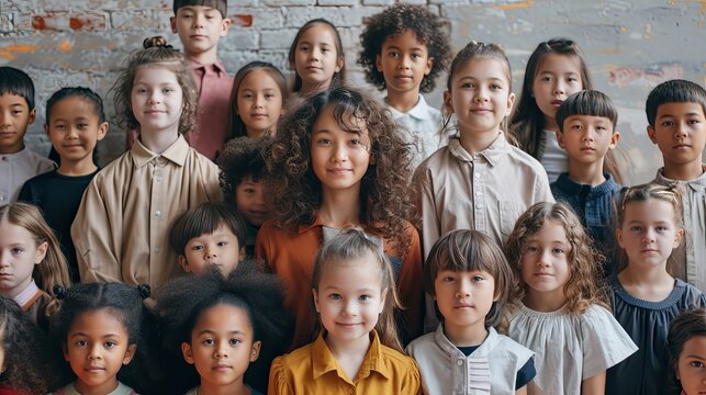 A group portrait of a teacher and her diverse class of elementary school students. - Generative AI