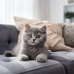Grey kitty relaxing on couch in living room lying in funny pose on blanket.