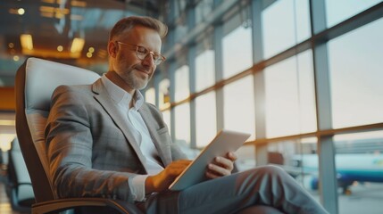 Businessman Waits for a Flight Uses Digital Tablet Computer Sitting in Boarding Lounge of Airline, view from the airport terminal glass window with a view of an airplane.