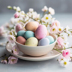 Interesting bowl with Easter eggs, spring colors on a decorated table.
