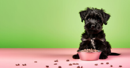Miniature puppy black schnauzer eating - obrazy, fototapety, plakaty