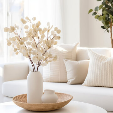 Close up of a sofa, coffee table and plants in a minimalistic living room staging