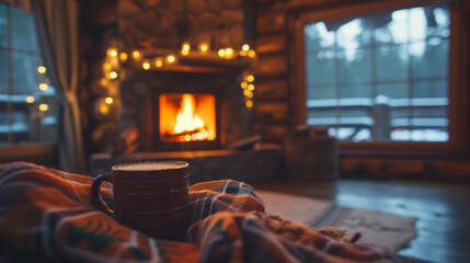 Background A cozy log cabin with a crackling fireplace and hot cocoa in hand. - obrazy, fototapety, plakaty
