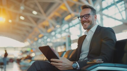 Fototapeta premium Businessman Waits for a Flight Uses Digital Tablet Computer Sitting in Boarding Lounge of Airline, view from the airport terminal glass window with a view of an airplane.