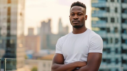 attractive black man with blank tshirt for mockup with city background