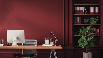 A chic office table, arranged with artistic books and supplies, against a backdrop of a rich burgundy wall, providing an elegant space for additional content.