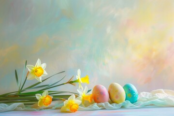 Fototapeta na wymiar Narcissus Flowers in Vase, Easter Eggs Isolated on Blue Background with Copy Space, Springtime Decoration Concept for Easter Celebrations