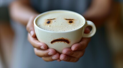 Hands holding coffee cup with sad face, depicting starting the day with sadness concept