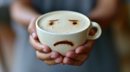 Hands holding coffee cup with sad face, depicting starting the day with sadness concept