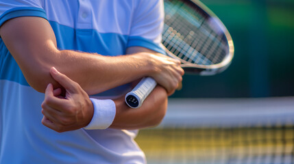 Tennis player holding a racket with visible discomfort in the elbow area, illustrating the strain and pain associated with tennis elbow, outdoor tennis court setting with soft focus on the background - obrazy, fototapety, plakaty