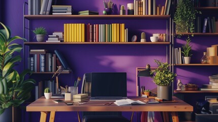A cozy office corner with a wooden desk, adorned with books and creative supplies, against a deep...