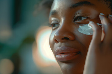 Serene woman gently applying hydrating facial moisturizer, indulging in a rejuvenating self-care ritual to enhance skin's radiance and promote a healthy, glowing complexion - obrazy, fototapety, plakaty