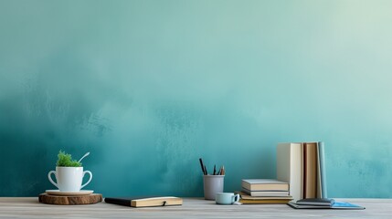 A modern minimalist desk with essential office supplies and books, set against an ombre wall transitioning from light to dark blue, ideal for showcasing text or products.