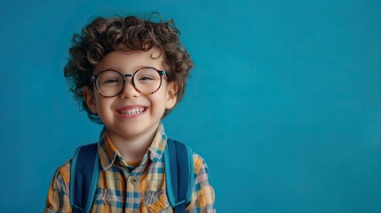 Young boy with curly dark hair and round glasses is happy funny cute little child boy smiling and...