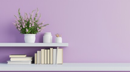 A minimalistic office table with a selection of books and stationary, set against a lavender wall,...