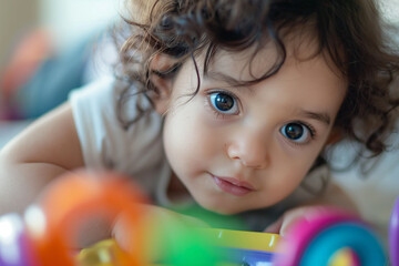 Close-up of a toddler's curious expression as they explore a new toy, focusing on the wonder in their eyes, emphasize the moment of discovery