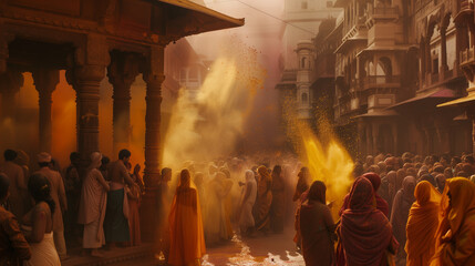Vibrant Holi Festival Celebration with Colorful Powder - Joy, Unity, and Tradition in the Hindu Festival of Colors