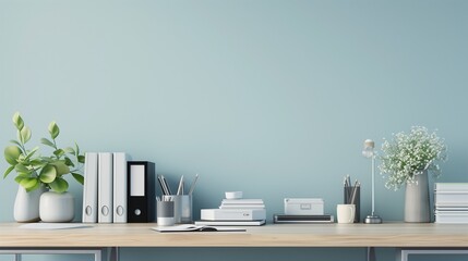 A modern office desk set against a pale blue wall, neatly arranged with books and supplies, and...