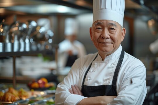 Middle-aged Asian Male Chef In A Chef's Hat With Crossed Arms Wearing An Apron Standing In A Restaurant Kitchen And Having Fun.