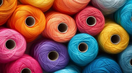 Colorful cotton threads on tailor fabric background with sewing needles for creative designs
