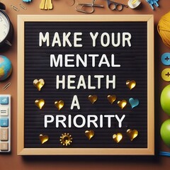 Fototapeta na wymiar Make your mental health a priority text typo motivational quote on the letter board. Inspiration psychological text created with generative ai