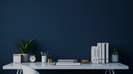 A sophisticated workspace featuring a clean, white desk, elegantly set with books and minimalist supplies, against a rich navy blue wall, perfect for sophisticated showcasing.