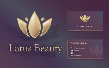 Beauty or spa salon, yoga, wellness, meditation logo with business card design. Lotus luxury gold flower glossy vector logo 