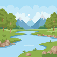 vector nature forest landscape at daytime scene with river 