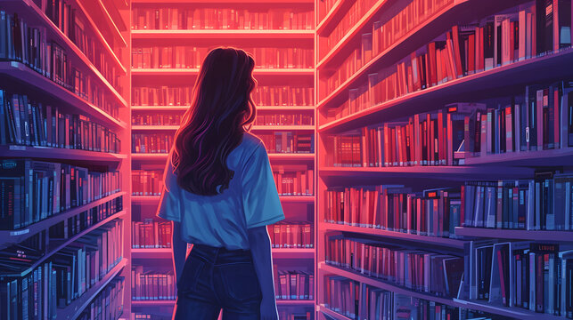 Girl Student in Library, Large Shelves With Books. Generative AI