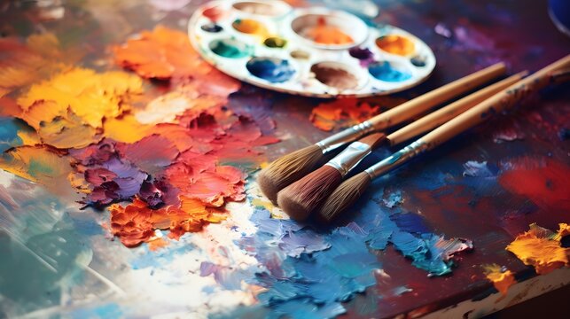 Artist painting palette with brushes. Craft hobby background. Recomforting, destressing hobby, art therapy