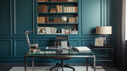 Obraz premium A sophisticated workspace with a glass desk, subtly decorated with books and office essentials, set against a teal wall, creating a serene backdrop for showcasing.