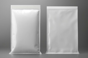 Plain plastic bag on grey background. Postal package. 3D rendering. Front and back view. Generative AI