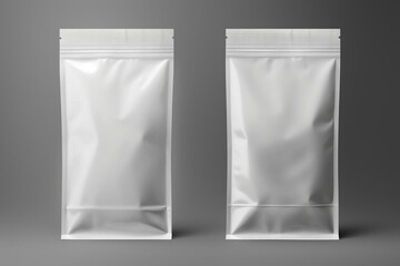 Plain plastic bag on grey background. Postal package. 3D rendering. Front and back view. Generative AI