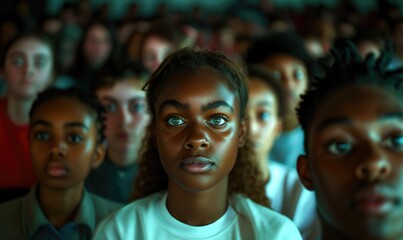 Photo of ethnic african american young girl with beautyful eyes agains blurred background of other diverse young people