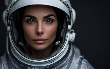 A multiracial woman wearing a space suit, listening to music through her headphones.